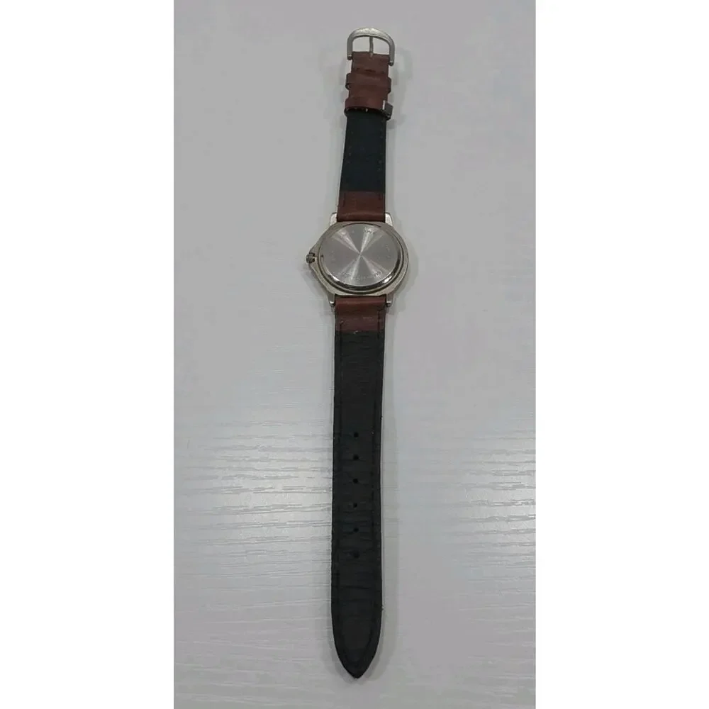 Time Military Dial Silver Tone Quartz Brown Leather Band Watch New Battery W279